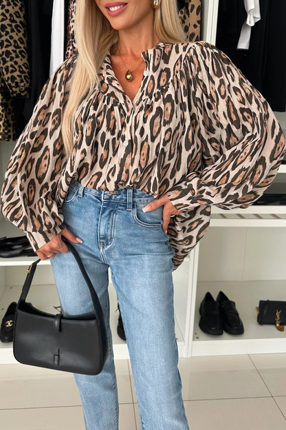 Leopard Buttons Ruched O Neck Blouses