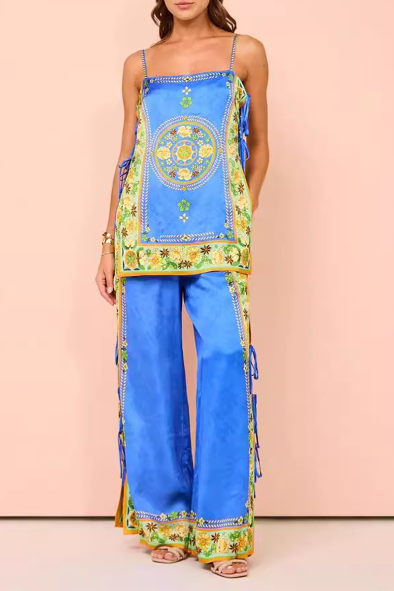Street Flowers Lace Up Square Neck Sleeveless Two Pieces