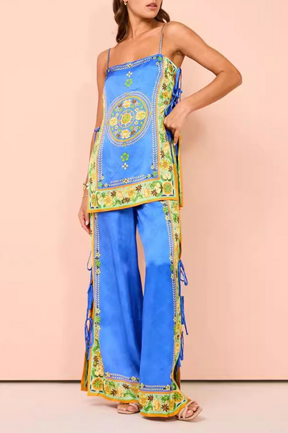 Street Flowers Lace Up Square Neck Sleeveless Two Pieces