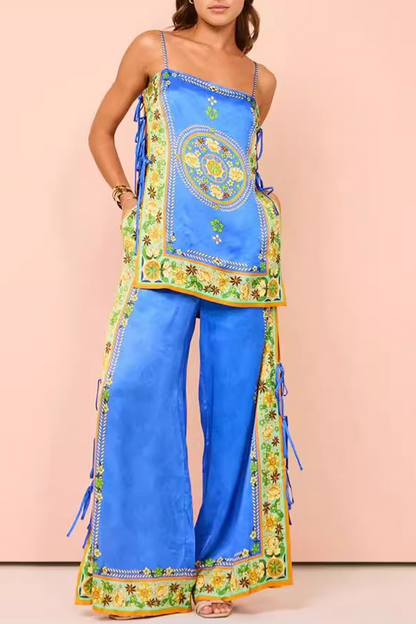 Street Flowers Lace Up Square Neck Sleeveless Two Pieces