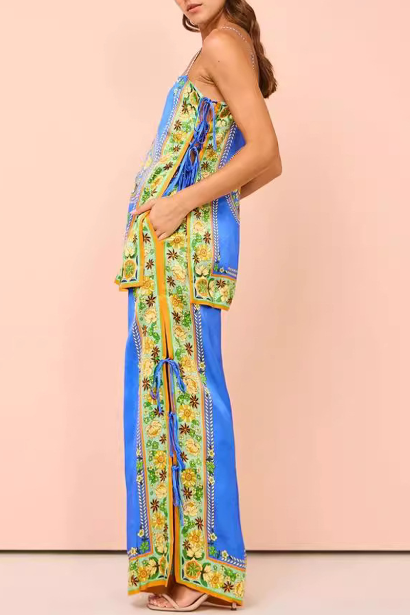 Street Flowers Lace Up Square Neck Sleeveless Two Pieces