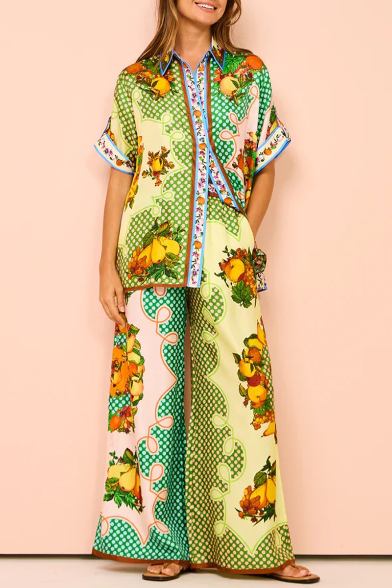 Street Fruit Print Pocket Contrast Turndown Collar Short Sleeve Two Pieces