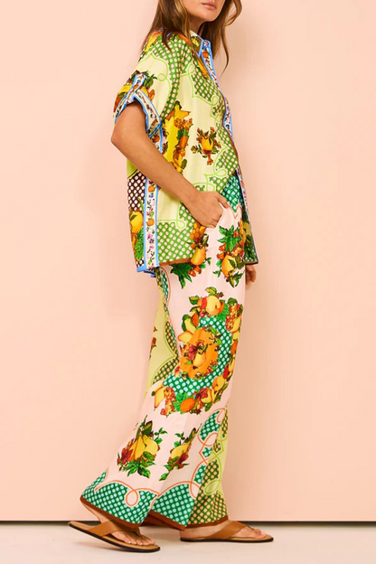 Street Fruit Print Pocket Contrast Turndown Collar Short Sleeve Two Pieces
