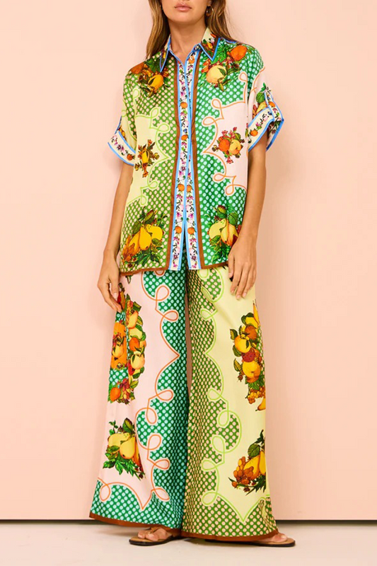 Street Fruit Print Pocket Contrast Turndown Collar Short Sleeve Two Pieces