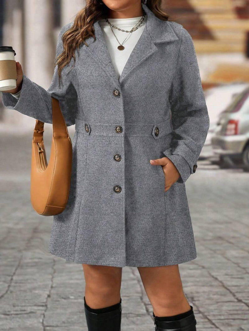 Knit Coat Black Lapel Button Decor Waisted Midi