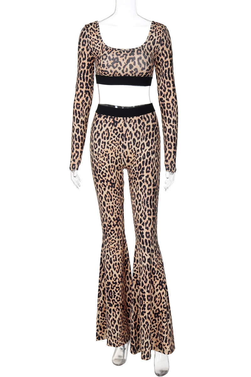 Street Leopard Patchwork U Neck Long Sleeve Two Pieces