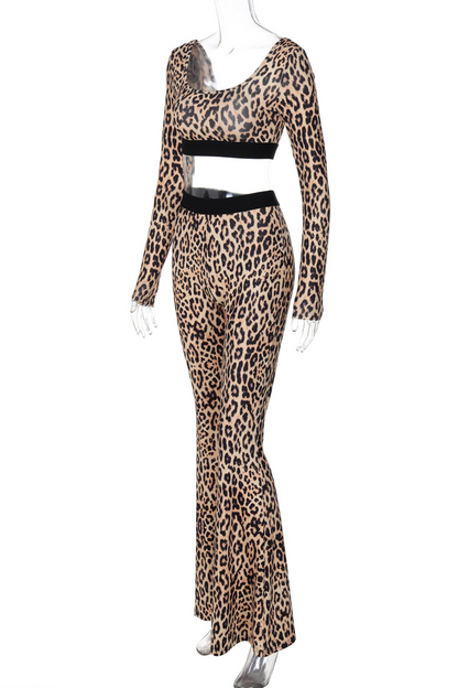 Street Leopard Patchwork U Neck Long Sleeve Two Pieces