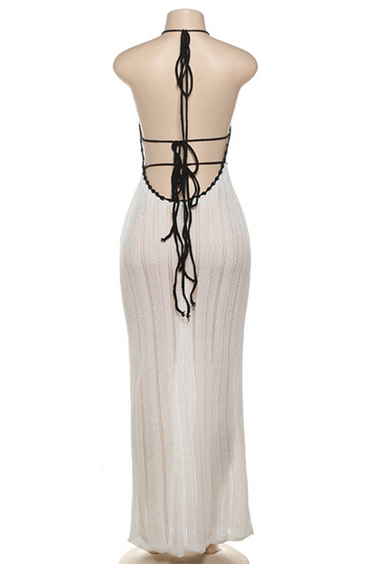 Street Stripe Lace Up Backless Weave Halter One Step Skirt Dresses