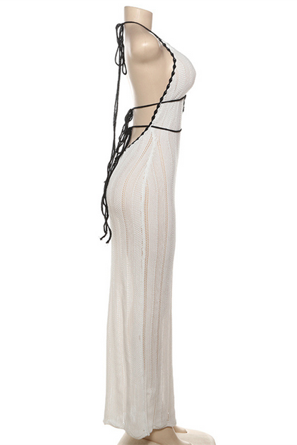 Street Stripe Lace Up Backless Weave Halter One Step Skirt Dresses