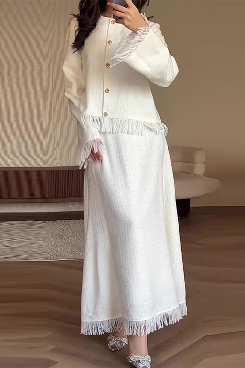 Fringed Trim Buttons O Neck Long Sleeve Two Pieces