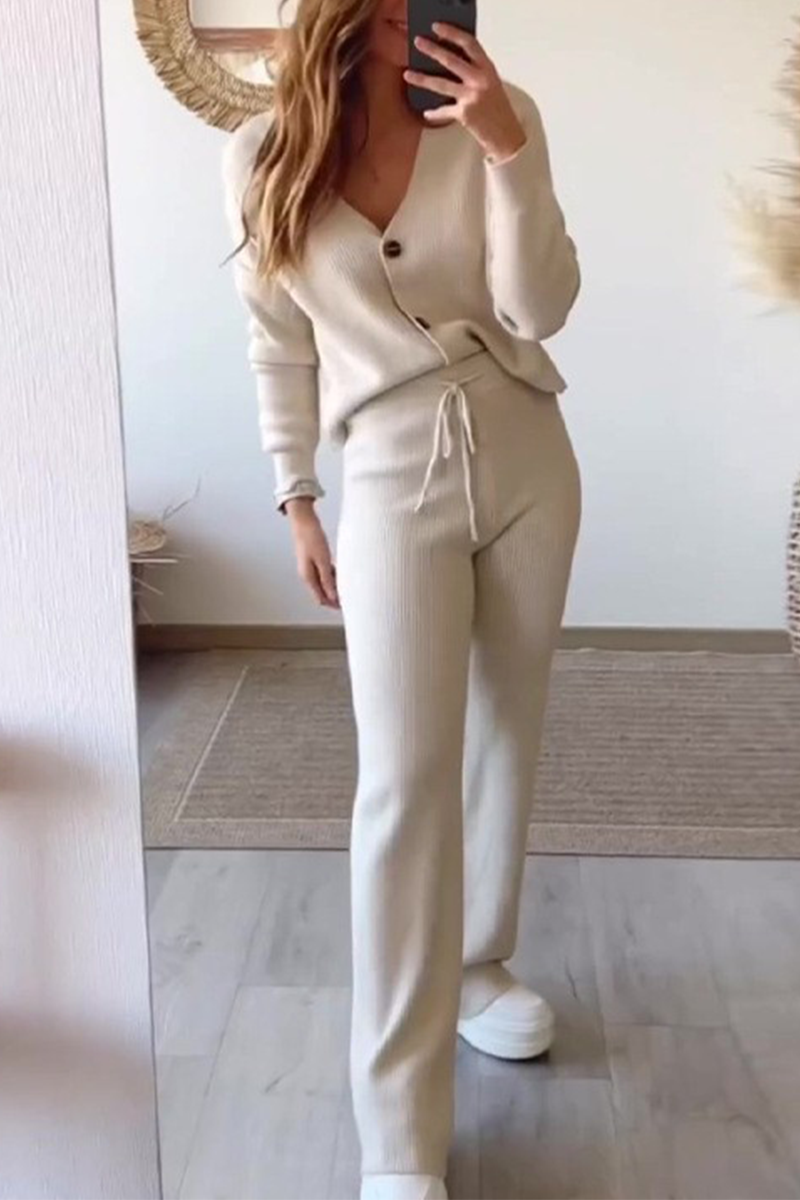 Daily Color Draw String Buttons V Neck Long Sleeve Two Pieces