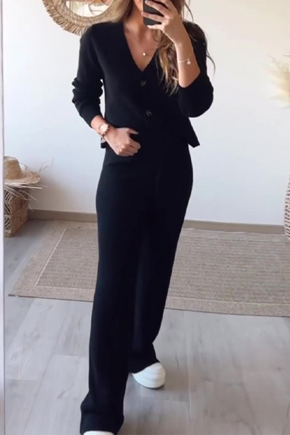 Daily Color Draw String Buttons V Neck Long Sleeve Two Pieces
