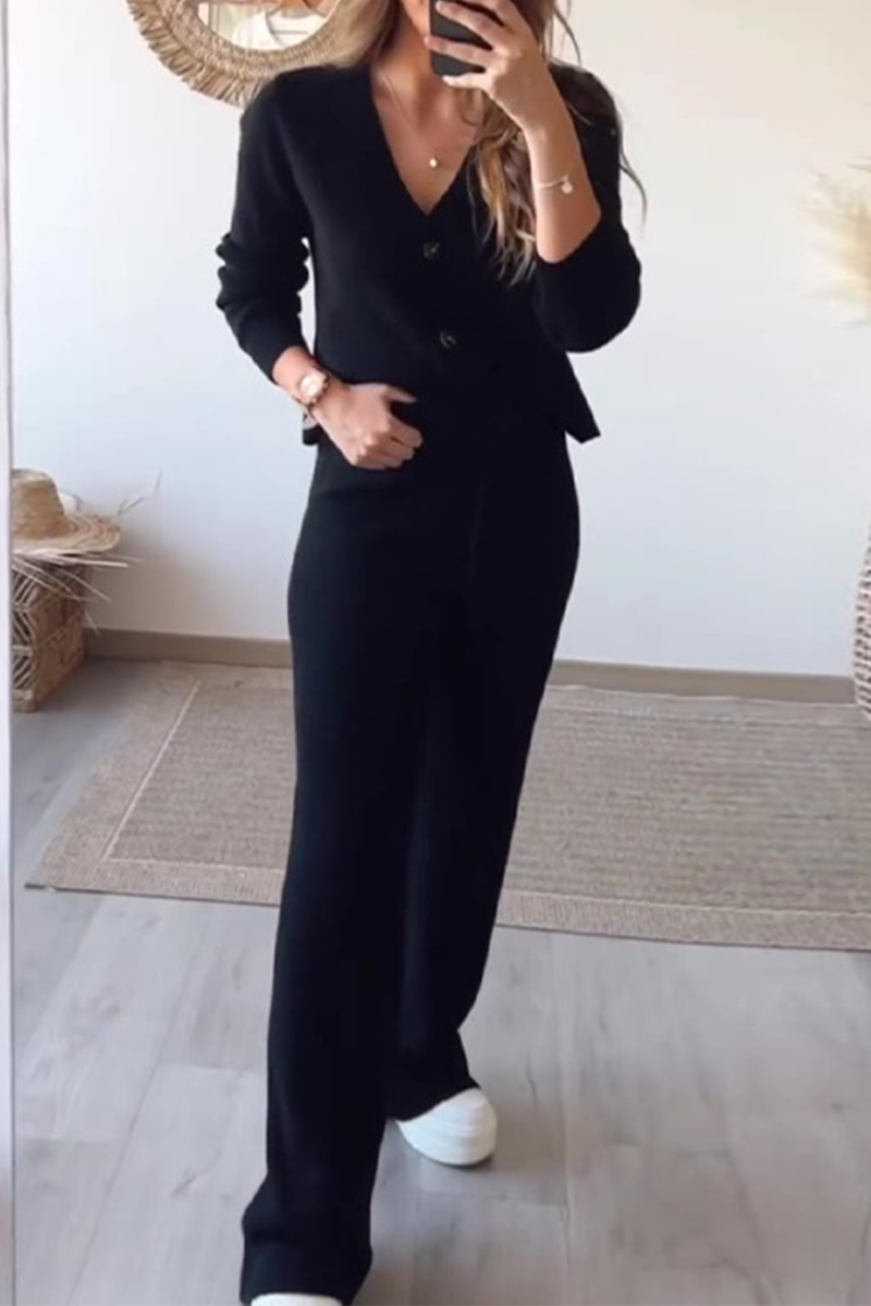 Daily Color Draw String Buttons V Neck Long Sleeve Two Pieces