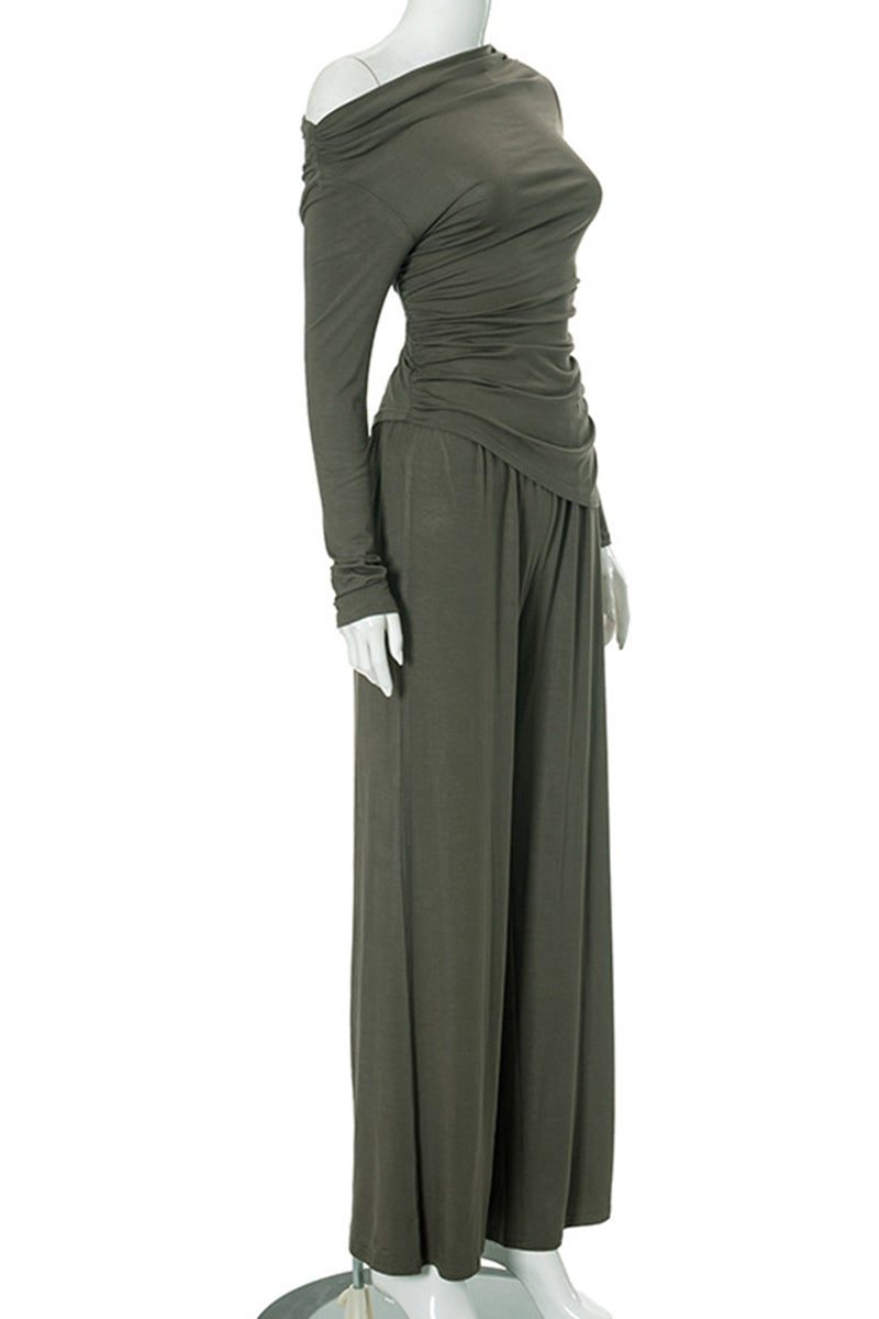 Pocket Patchwork Ruched Oblique Collar Long Sleeve Two Pieces