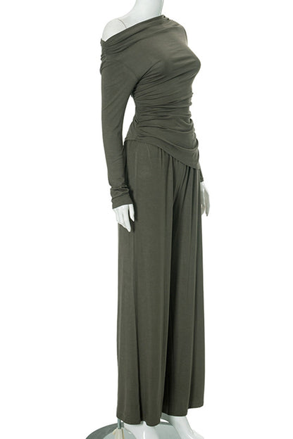 Pocket Patchwork Ruched Oblique Collar Long Sleeve Two Pieces