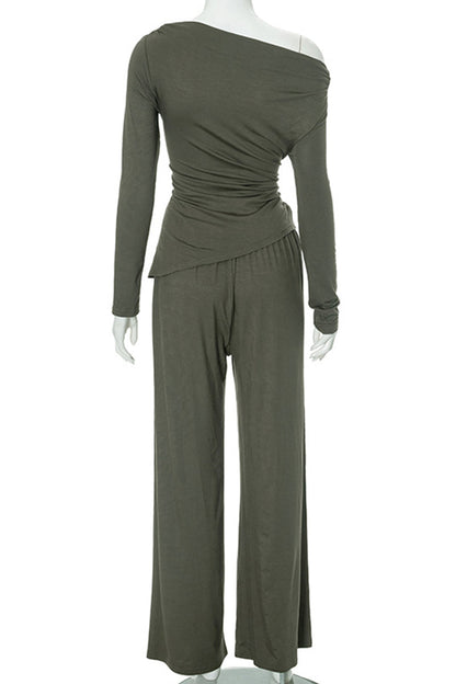 Pocket Patchwork Ruched Oblique Collar Long Sleeve Two Pieces