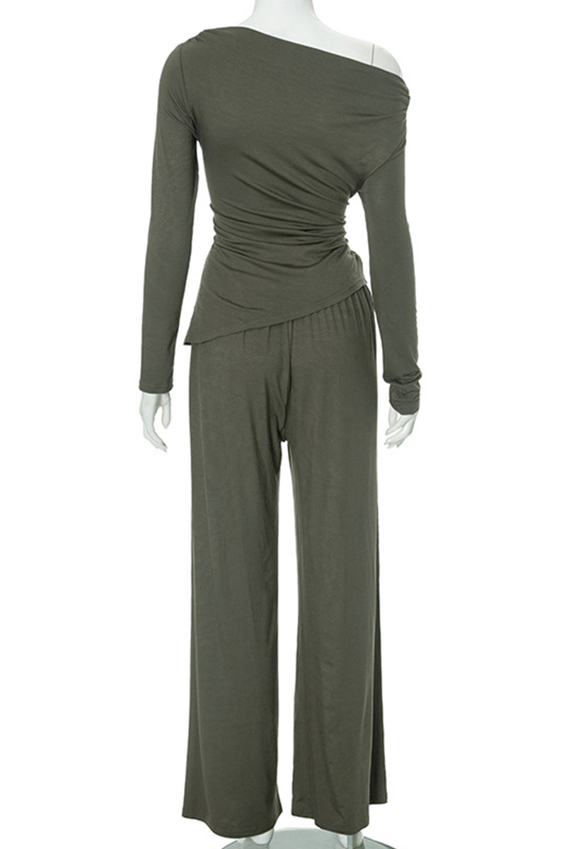 Pocket Patchwork Ruched Oblique Collar Long Sleeve Two Pieces