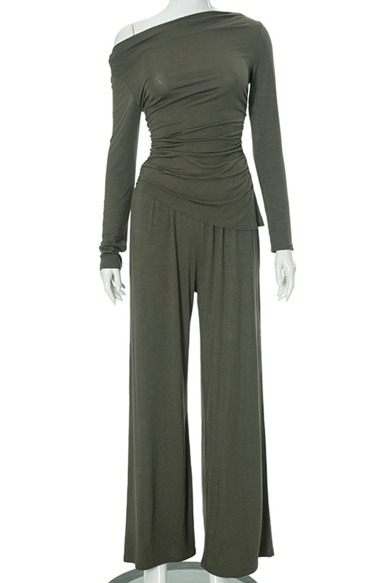 Pocket Patchwork Ruched Oblique Collar Long Sleeve Two Pieces