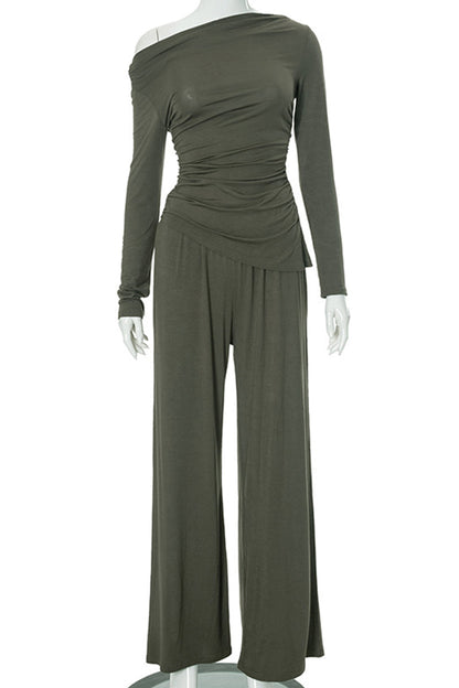 Pocket Patchwork Ruched Oblique Collar Long Sleeve Two Pieces