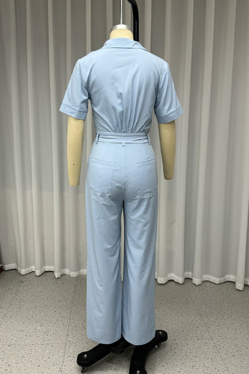 Daily Pocket Lace Up Buttons Turndown Collar Loose Jumpsuits