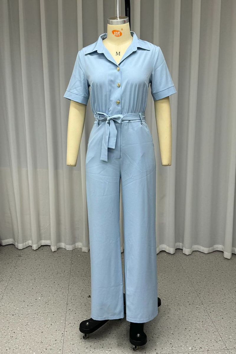 Daily Pocket Lace Up Buttons Turndown Collar Loose Jumpsuits