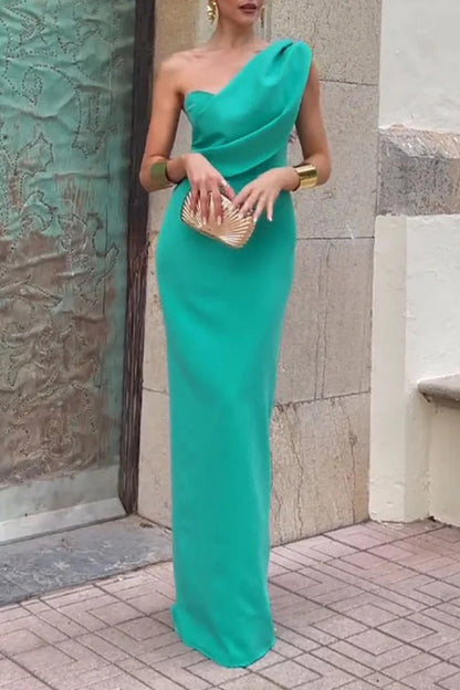 Slit Ruched Irregular Sloping Shoulder One Step Skirt Dresses
