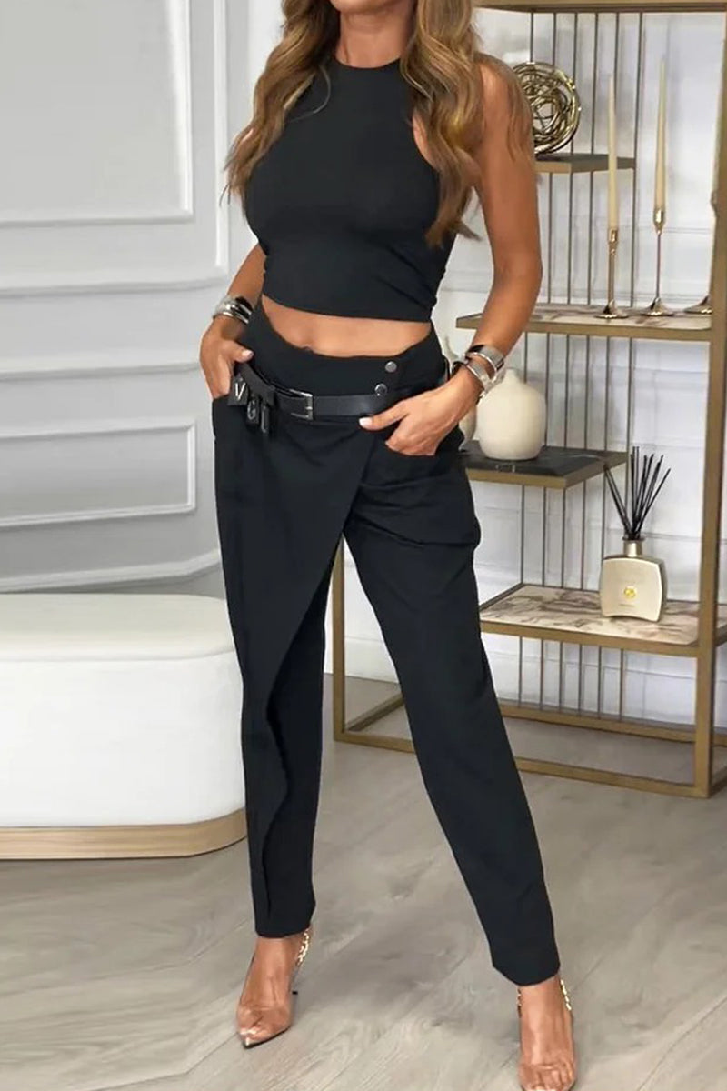 Street Pocket With Belt O Neck Sleeveless Two Pieces