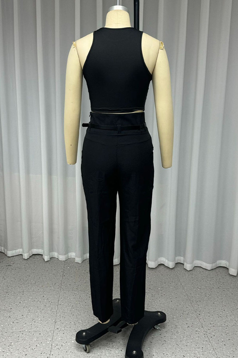 Street Pocket With Belt O Neck Sleeveless Two Pieces