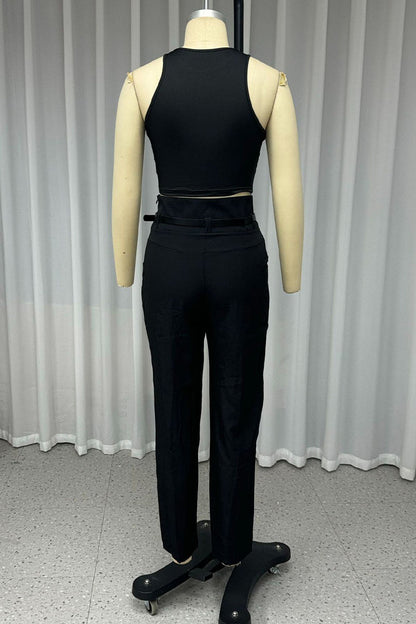 Street Pocket With Belt O Neck Sleeveless Two Pieces