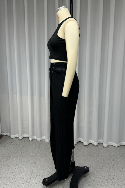 Street Pocket With Belt O Neck Sleeveless Two Pieces