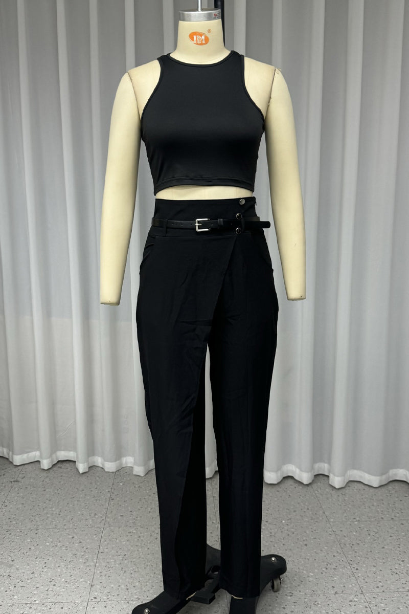 Street Pocket With Belt O Neck Sleeveless Two Pieces