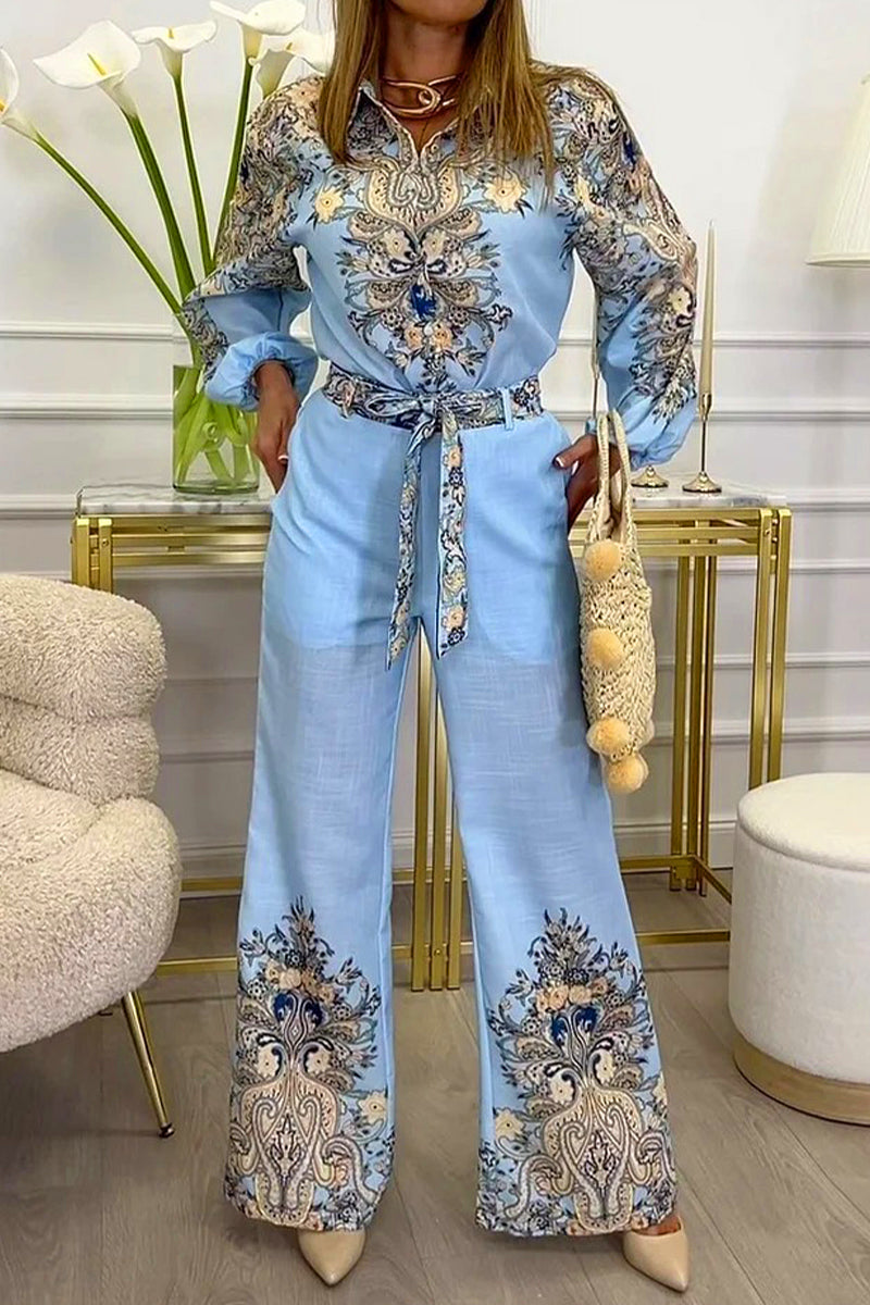 Print Lace Up Patchwork Turndown Collar Long Sleeve Two Pieces