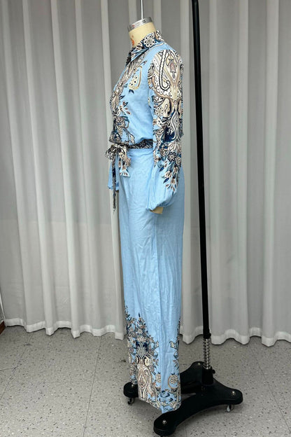 Print Lace Up Patchwork Turndown Collar Long Sleeve Two Pieces