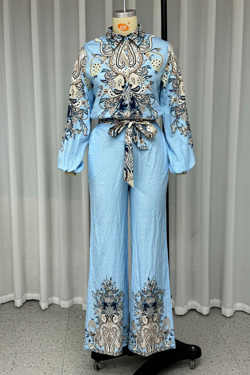 Print Lace Up Patchwork Turndown Collar Long Sleeve Two Pieces