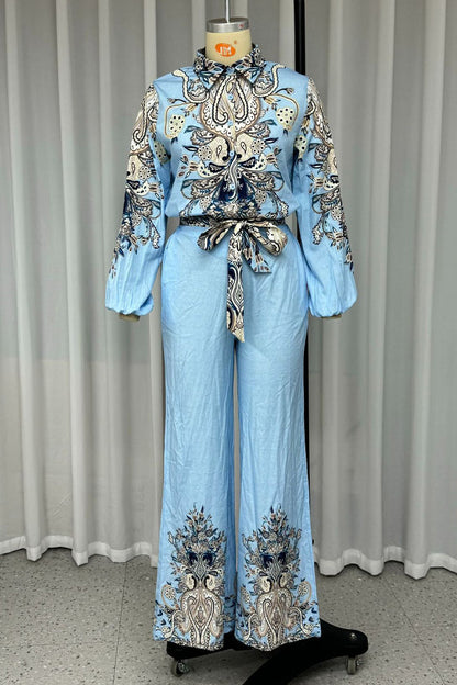 Print Lace Up Patchwork Turndown Collar Long Sleeve Two Pieces