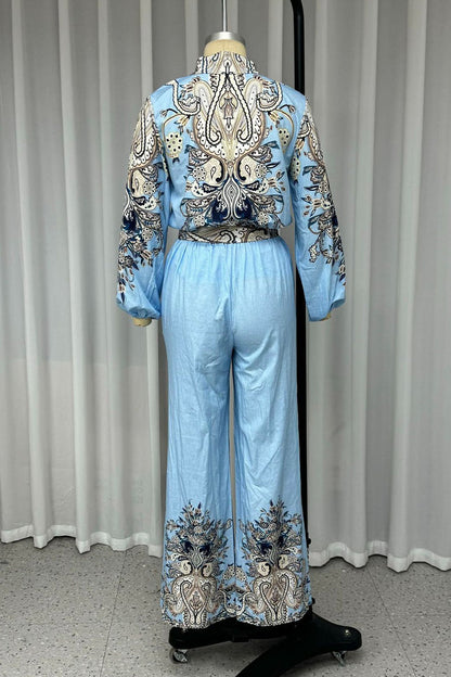 Print Lace Up Patchwork Turndown Collar Long Sleeve Two Pieces