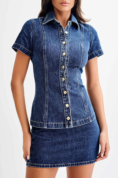 Street Distressed Buttons Turndown Collar Short Sleeve Two Pieces