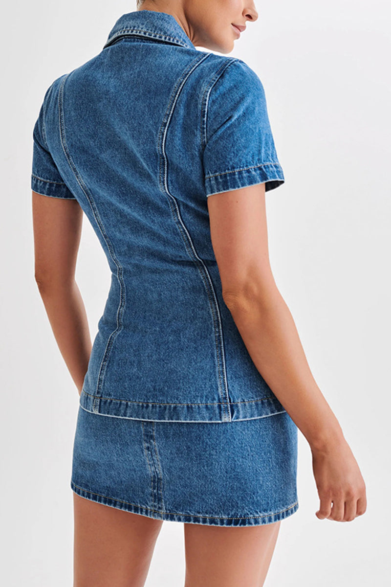 Street Distressed Buttons Turndown Collar Short Sleeve Two Pieces