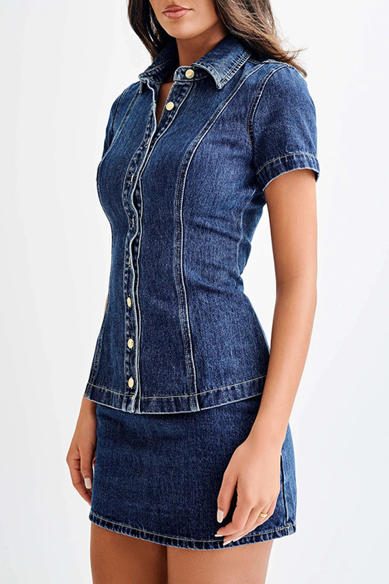 Street Distressed Buttons Turndown Collar Short Sleeve Two Pieces