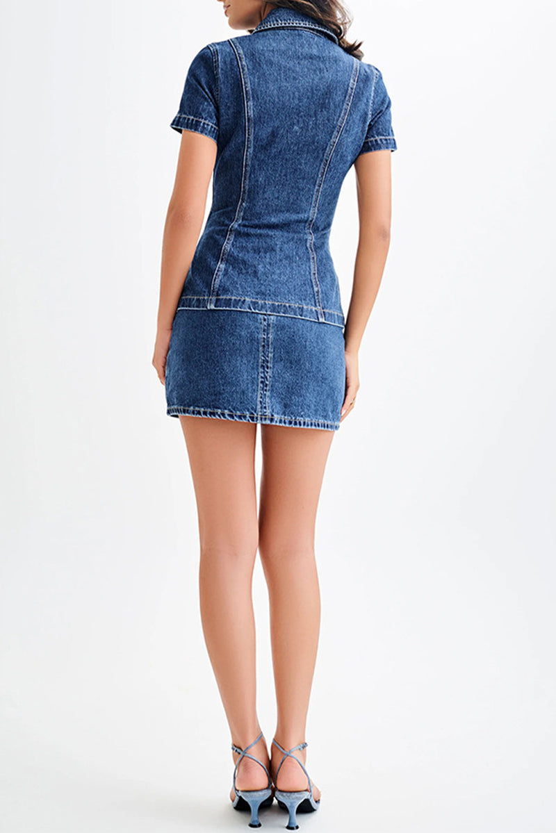 Street Distressed Buttons Turndown Collar Short Sleeve Two Pieces