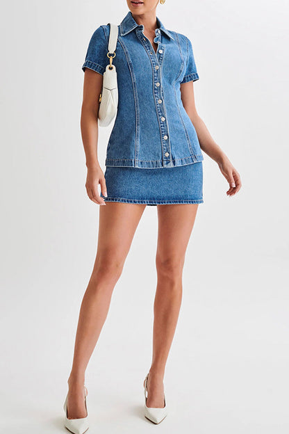 Street Distressed Buttons Turndown Collar Short Sleeve Two Pieces