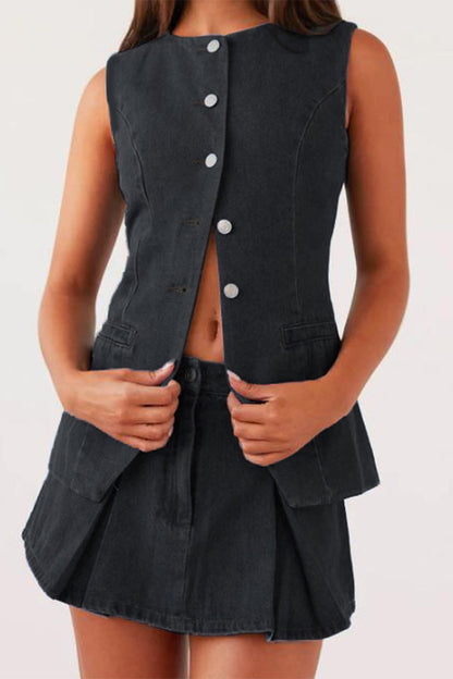 Street Buttons Adjustable O Neck Sleeveless Two Pieces
