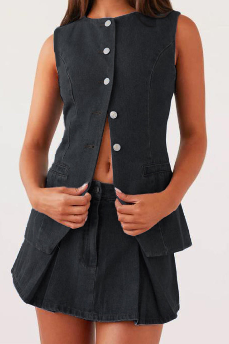 Street Buttons Adjustable O Neck Sleeveless Two Pieces