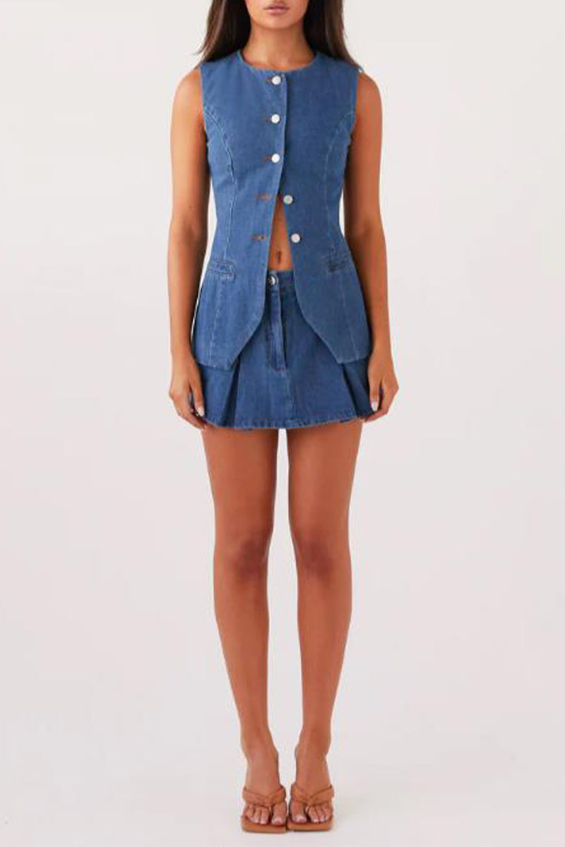 Street Buttons Adjustable O Neck Sleeveless Two Pieces