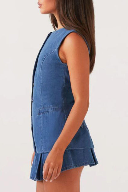 Street Buttons Adjustable O Neck Sleeveless Two Pieces
