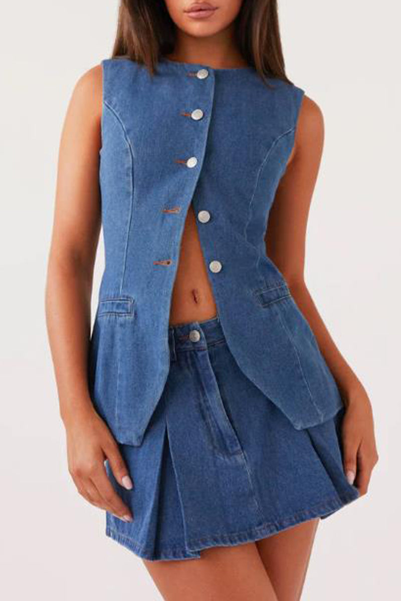 Street Buttons Adjustable O Neck Sleeveless Two Pieces