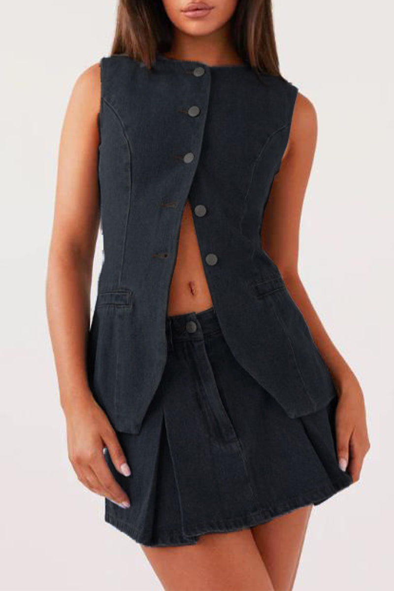 Street Buttons Adjustable O Neck Sleeveless Two Pieces