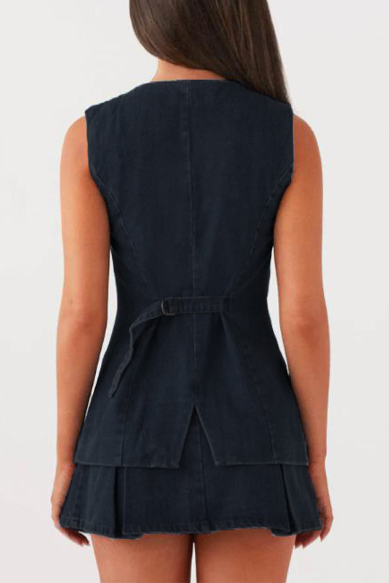 Street Buttons Adjustable O Neck Sleeveless Two Pieces