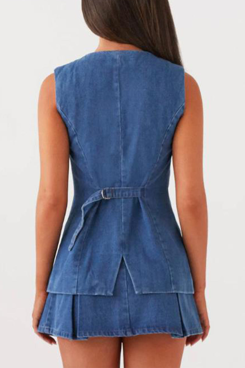 Street Buttons Adjustable O Neck Sleeveless Two Pieces