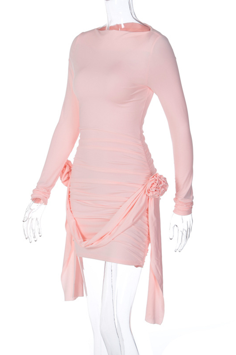 Vacation Patchwork Ruched Flower Shape O Neck Wrapped Skirt Dresses